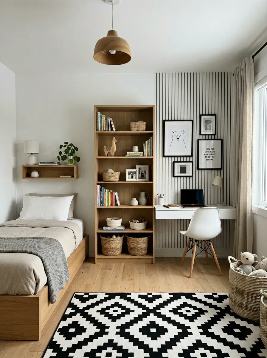 Modern minimalist teen bedroom with Scion Lintu black and white graphic vertical stripe wallpaper accent wall BM Decorators White CC-20 painted remaining walls West Elm Mid-Century platform bed in light natural oak Parachute Home vintage cotton bedding in grey stripes and oat Article Madera floating walnut desk Herman Miller Eames Molded Plastic Side Chair in white Muuto Stacked 2.0 bookshelf in light oak Lucy Turner geometric wool rug in black and white from Lulu and Georgia and Flos Taccia table lamp in Raleigh-Durham NC