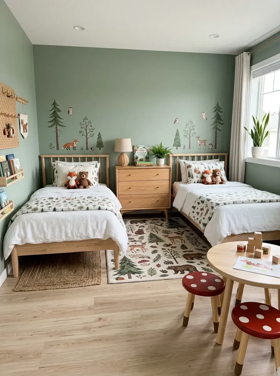 Shared kids bedroom with F and B Calke Green No 34 walls Love Versus Design hand-drawn forest animal decals matching IKEA Sundvik solid birch twin bed frames Rylee and Cru woodland animal duvet covers Hay Pastille crimson mushroom stools Oeuf Sparrow round play table Muuto Restore forest area rug and natural jute Dash and Albert runner in Atlanta GA