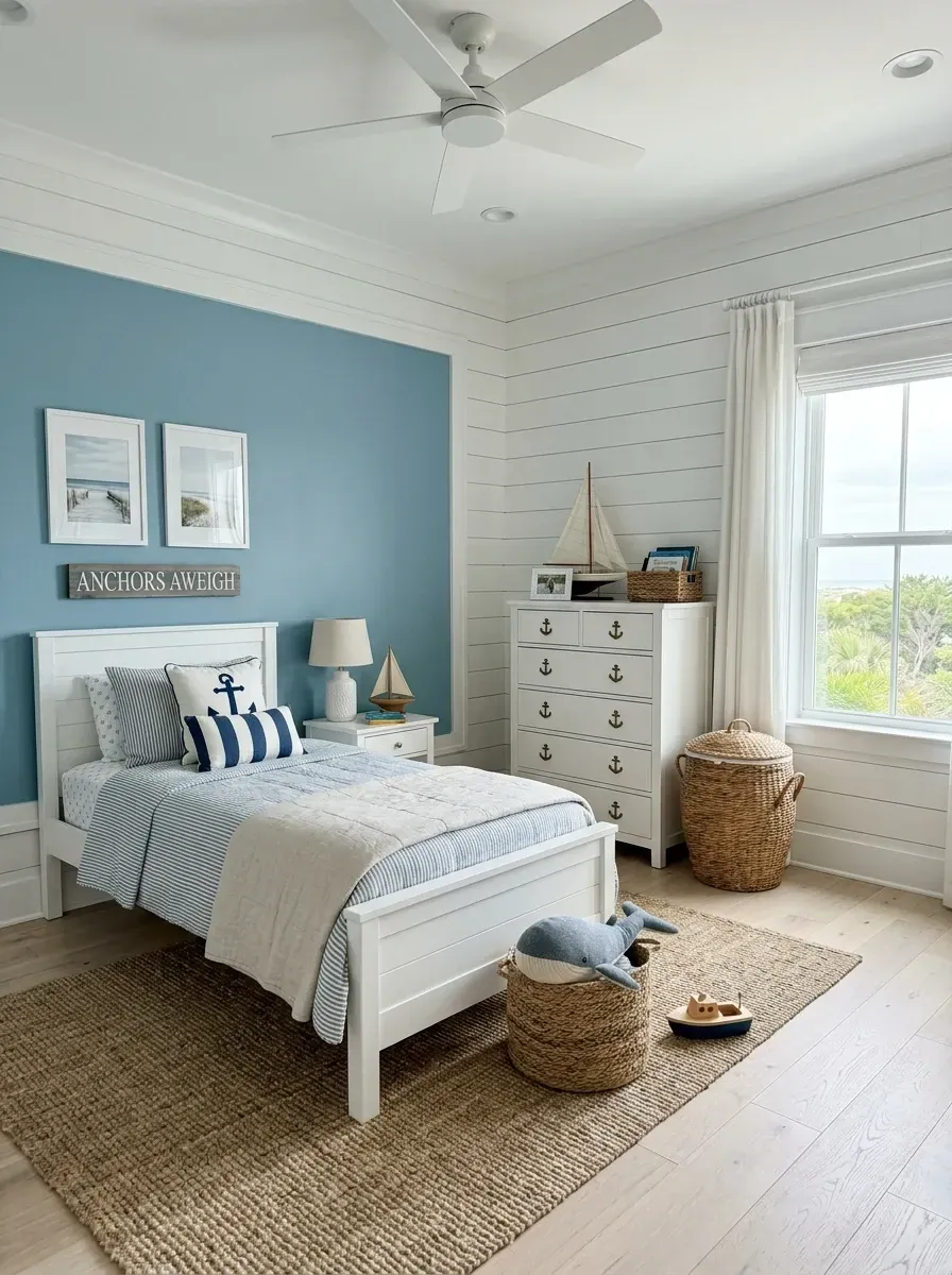 Nautical coastal boys bedroom with BM Newburyport Blue HC-155 accent wall horizontal nickel-gap shiplap in BM White Dove OC-17 Pottery Barn Kids Elliott white wood twin bed Serena and Lily navy Ticking Stripe duvet cover Pottery Barn Classic Cooper dresser Dash and Albert natural jute 8x10 rug Visual Comfort Jamie Young Nantucket sconce and vintage wooden sailboat decor in Mount Pleasant SC
