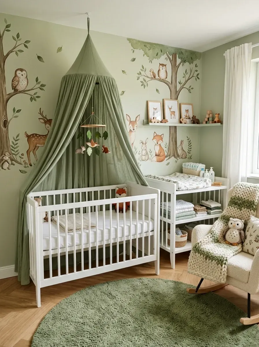 Gender-neutral nursery with Anewall Enchanted Forest hand-painted watercolor woodland mural wallpaper Babyletto Hudson white convertible crib with Naturepedic organic crib mattress pale sage green linen crib canopy Namesake Emory convertible changing dresser Article Sven Boucle rocking chair Quince Mongolian cashmere throw Beni Ourain Moroccan wool round rug and Babyletto Lolly floating white oak shelves in Franklin TN