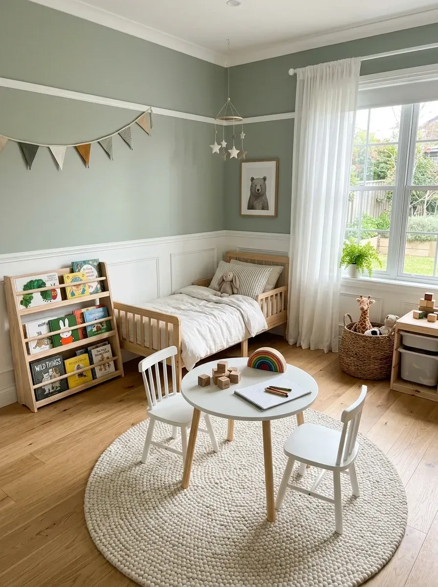 Scandi-Boho toddler bedroom with two-tone walls F and B French Gray No 18 above chair rail BM Chantilly Lace OC-65 below Oeuf Sparrow solid birch toddler bed Coyuchi Crinkle organic linen sheets Flexa Play round birch play table with Nico and Yeye play chairs Lorena Canals washable wool pebble rug Muuto Dots wood wall hooks and Little Unicorn forward-facing book ledges in Asheville NC