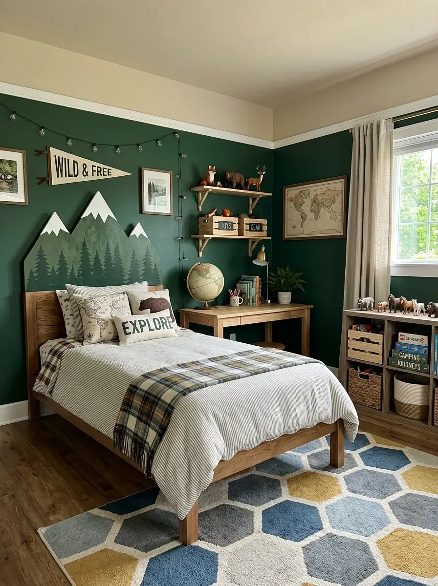 Mountain explorer kids bedroom with F and B Studio Green No 93 walls custom CNC-cut pine mountain range headboard stained in Minwax Dark Walnut Room and Board Kenwood solid walnut twin bed frame Pendleton National Park Glacier wool blanket Room and Board Bench desk in solid walnut Schoolhouse Electric Alton globe Armadillo Co Heirloom geometric rug in mustard and slate and Pioneer Millworks reclaimed oak crate storage in Nashville TN