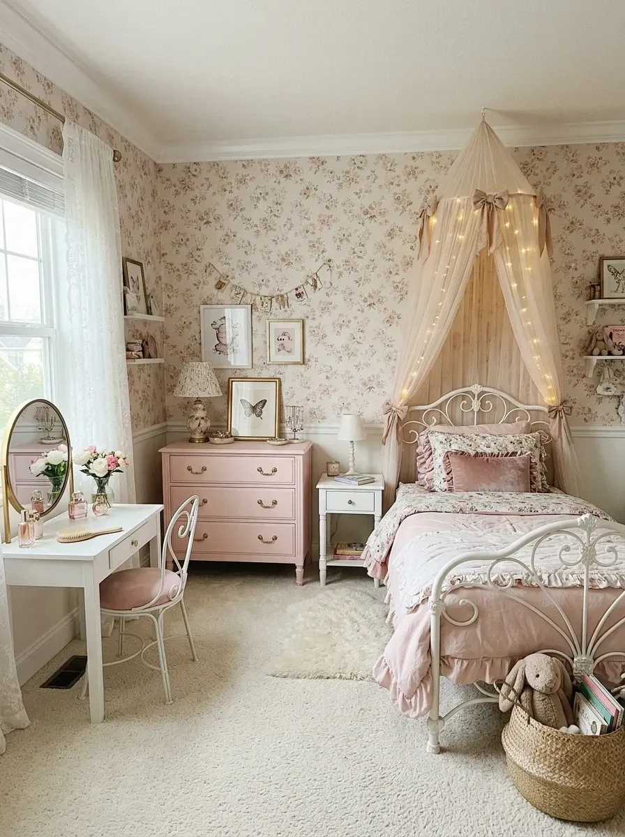 Romantic vintage princess suite with Morris and Co Sunflower pink floral wallpaper sheer ivory linen bed canopy with Restoration Hardware Outdoor Clear Globe fairy lights Anthropologie Lombard scroll iron twin bed Anthropologie Primrose ruffled percale bedding and pink blush throw pillows Pottery Barn Teen Paris vanity in blush with heart-back Madeline chair Ballard Designs Elizabeth dresser Jonathan Adler brass vanity mirror and genuine Mongolian sheepskin rug in Savannah GA