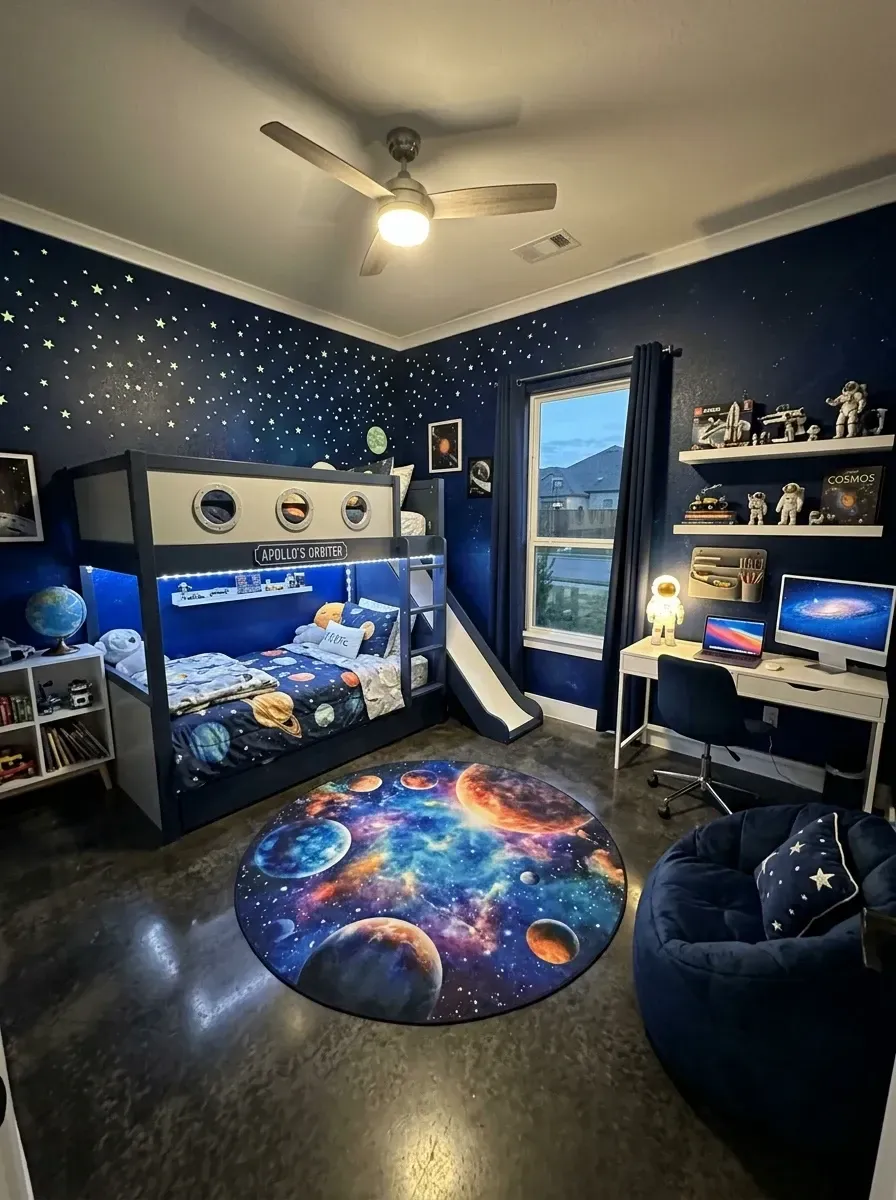 Galactic space-themed childrens bedroom with BM Hale Navy HC-154 walls Scotch Brand Glow-in-the-Dark Stars ceiling application custom local-woodworker-built spaceship bunk bed with integrated blue LED lighting slide and portholes Tuft and Needle Nod twin mattresses LoveShackFancy Nebula cosmic rug Uplift Desk V2 white adjustable-height Eames-style task chair by Herman Miller Apple iMac 24-inch Artifox Model 01 desk accessories and Jonathan Adler Retro Console shelving in East Austin TX