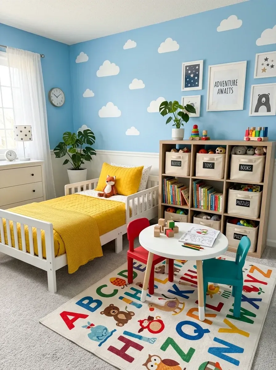 Bright cheerful toddler playroom bedroom with BM Iceberg 2122-50 sky blue walls Crane Baby cloud removable wall decals Pottery Barn Kids Elliott white toddler bed with Yellow Hawthorne HC-4 quilted bedding IKEA Kallax 8-cube storage unit with Ferm Living Organic Cotton canvas bins Melissa and Doug natural solid wood play table with red and teal play chairs Lorena Canals Alphabet ABC washable wool rug and Babyletto Lolly white 3-drawer dresser in Charleston SC