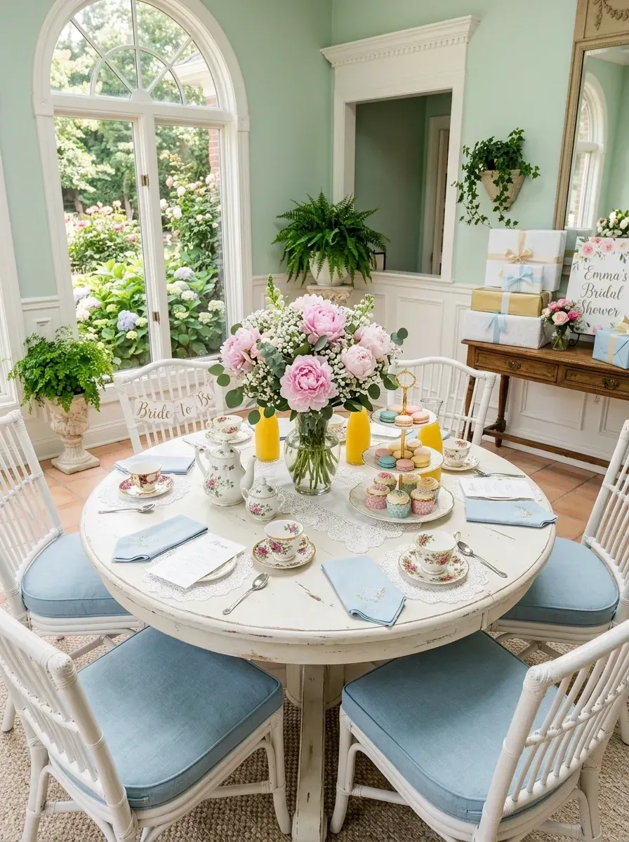 Elegant pastel bridal shower with mint green walls, round white pedestal table, bamboo chairs with blush cushions, peony centerpiece, and tiered dessert stand