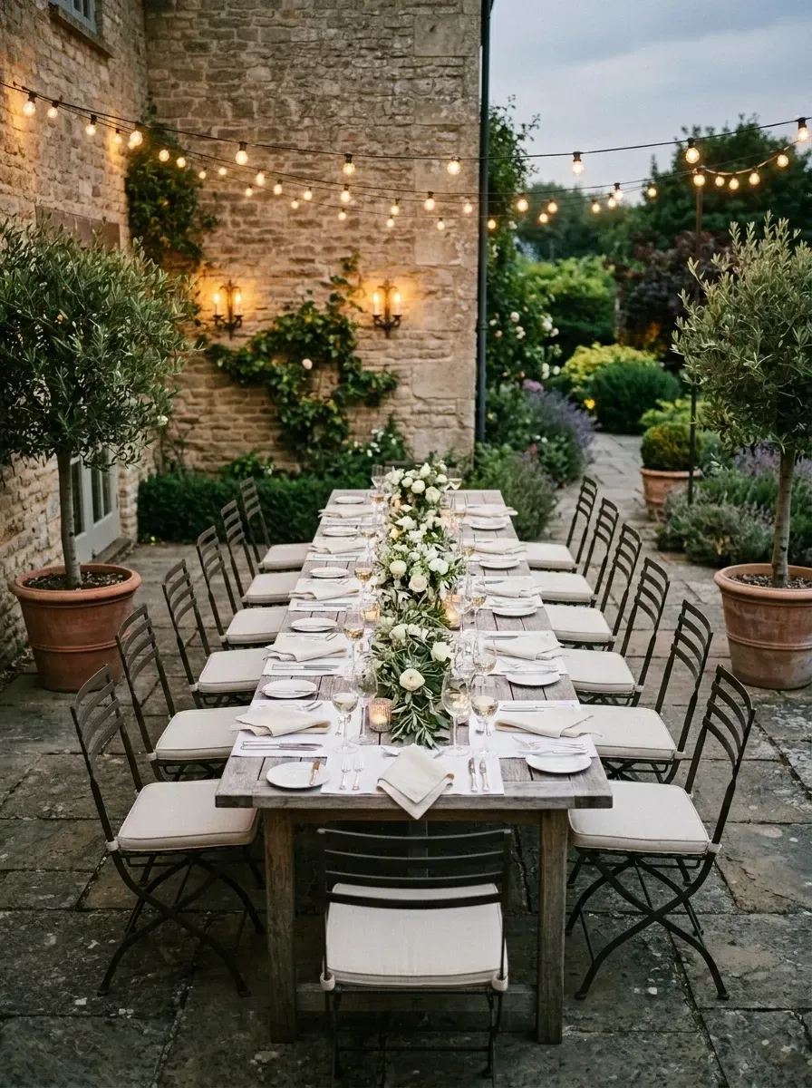 Rustic Italian al fresco dining with long weathered wood table, Tolix bistro chairs, olive branch garland runner, and string lights over a stone courtyard