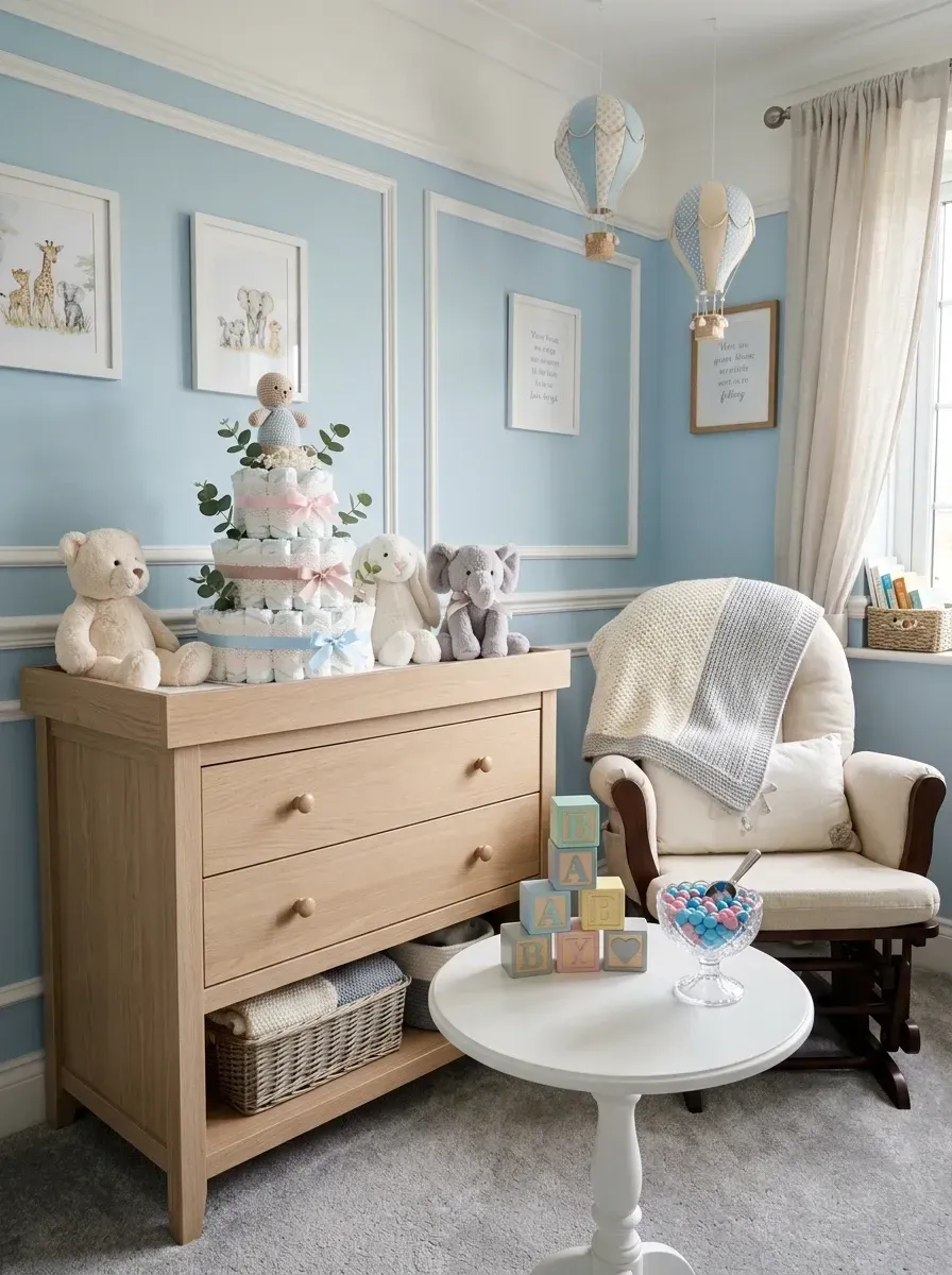 Soft pastel baby shower integrated into sky blue nursery with oak dresser, diaper cake centerpiece, stuffed animal decor, and hot air balloon mobiles