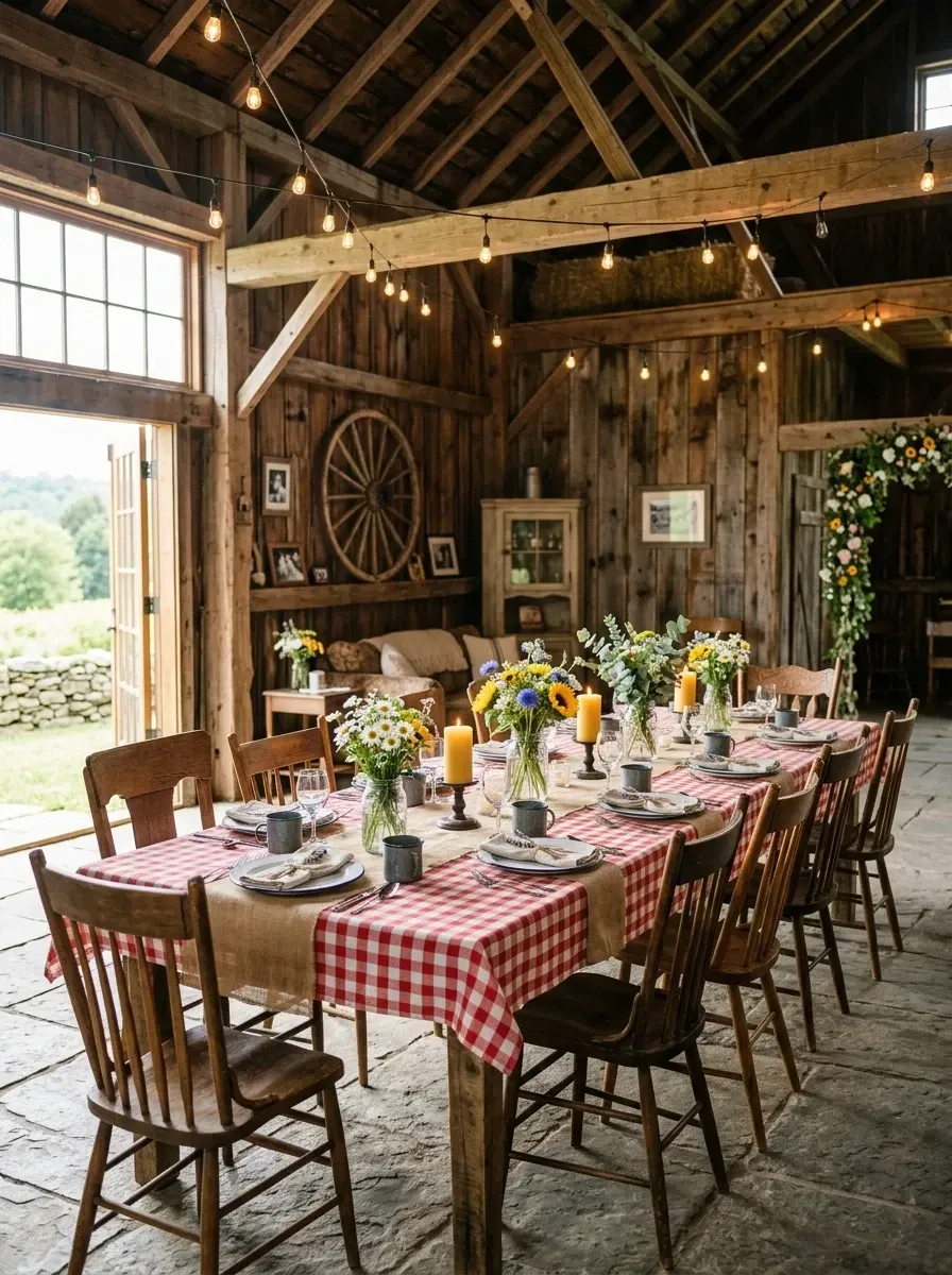 Warm rustic barn gathering with aged barn wood walls, long wooden farm table, mismatched wooden chairs, red checkered tablecloth, burlap runner, and string lights overhead