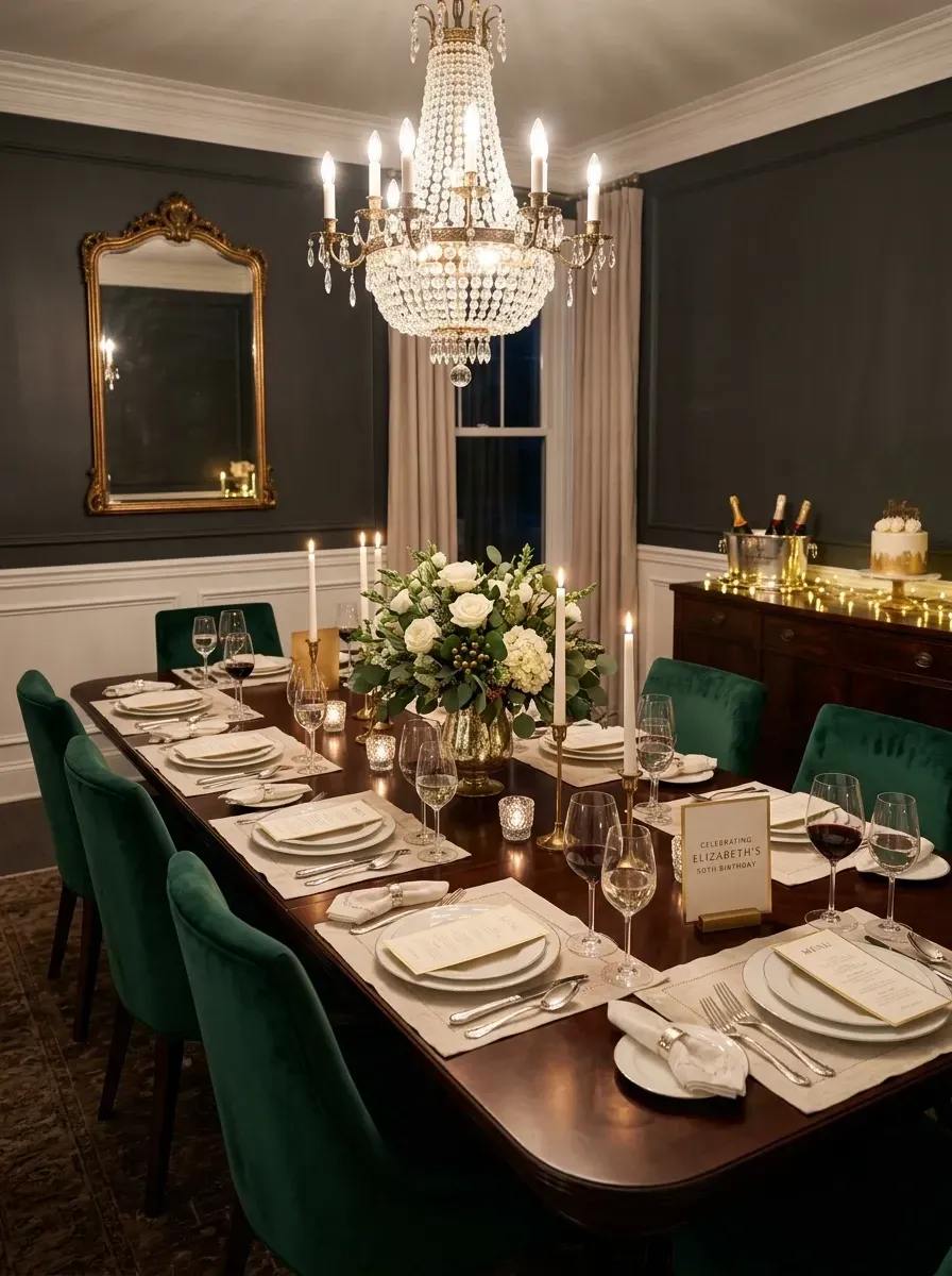 Luxurious formal dinner party with charcoal grey wainscoted walls, crystal chandelier, dark walnut dining table, emerald green velvet chairs, gold candlesticks, and elaborate floral centerpiece