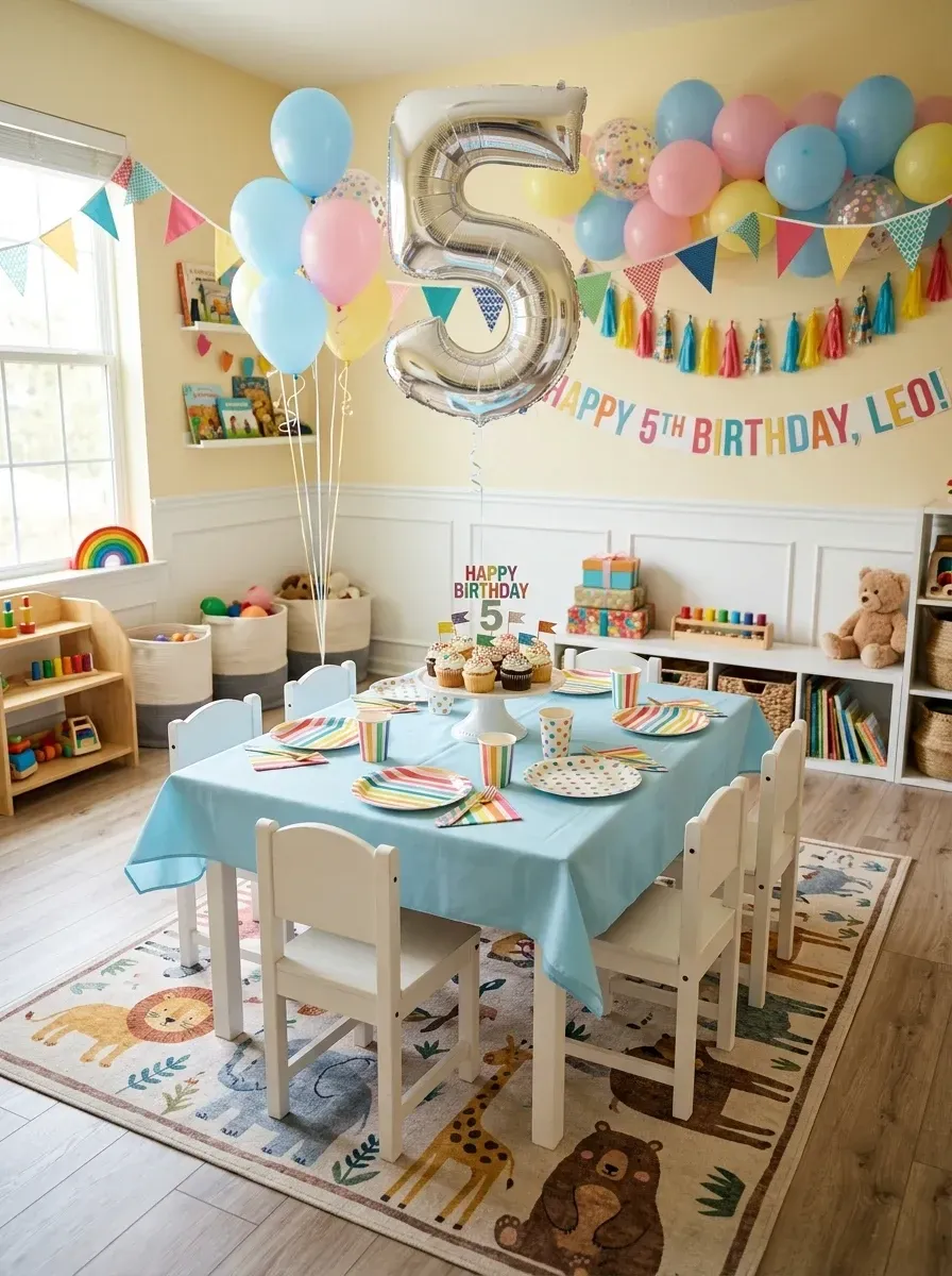 Vibrant kids birthday party with bright yellow walls, child-sized table and chairs, rainbow tableware, Happy Birthday banner, tassel garland, and large number balloon