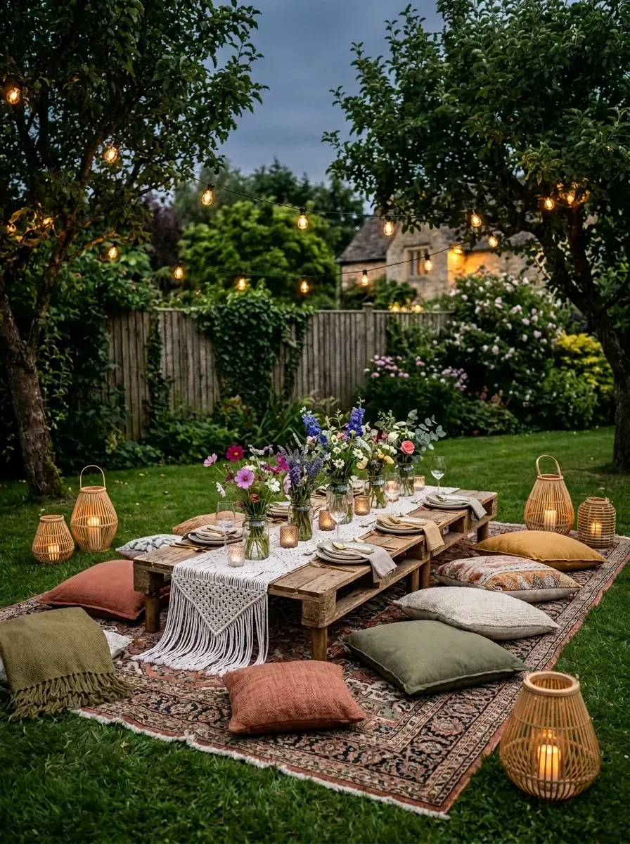 Bohemian backyard picnic with low pallet table, layered vintage rugs, large terracotta floor cushions, macrame runner, wildflower jar centerpieces, and bamboo lanterns