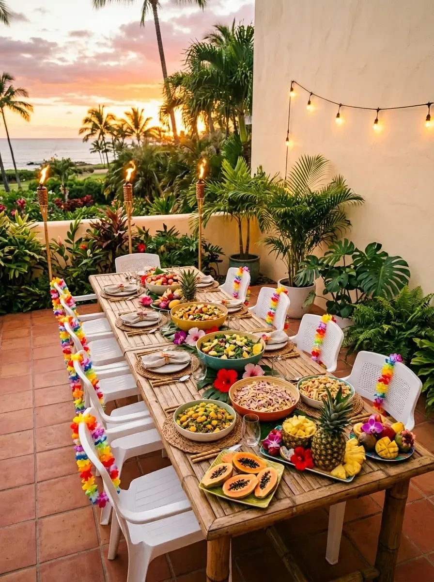 Tropical sunset tiki party with bamboo table, white bistro chairs draped in floral leis, tropical fruit centerpiece, tiki torches, and lush potted palms against sunset