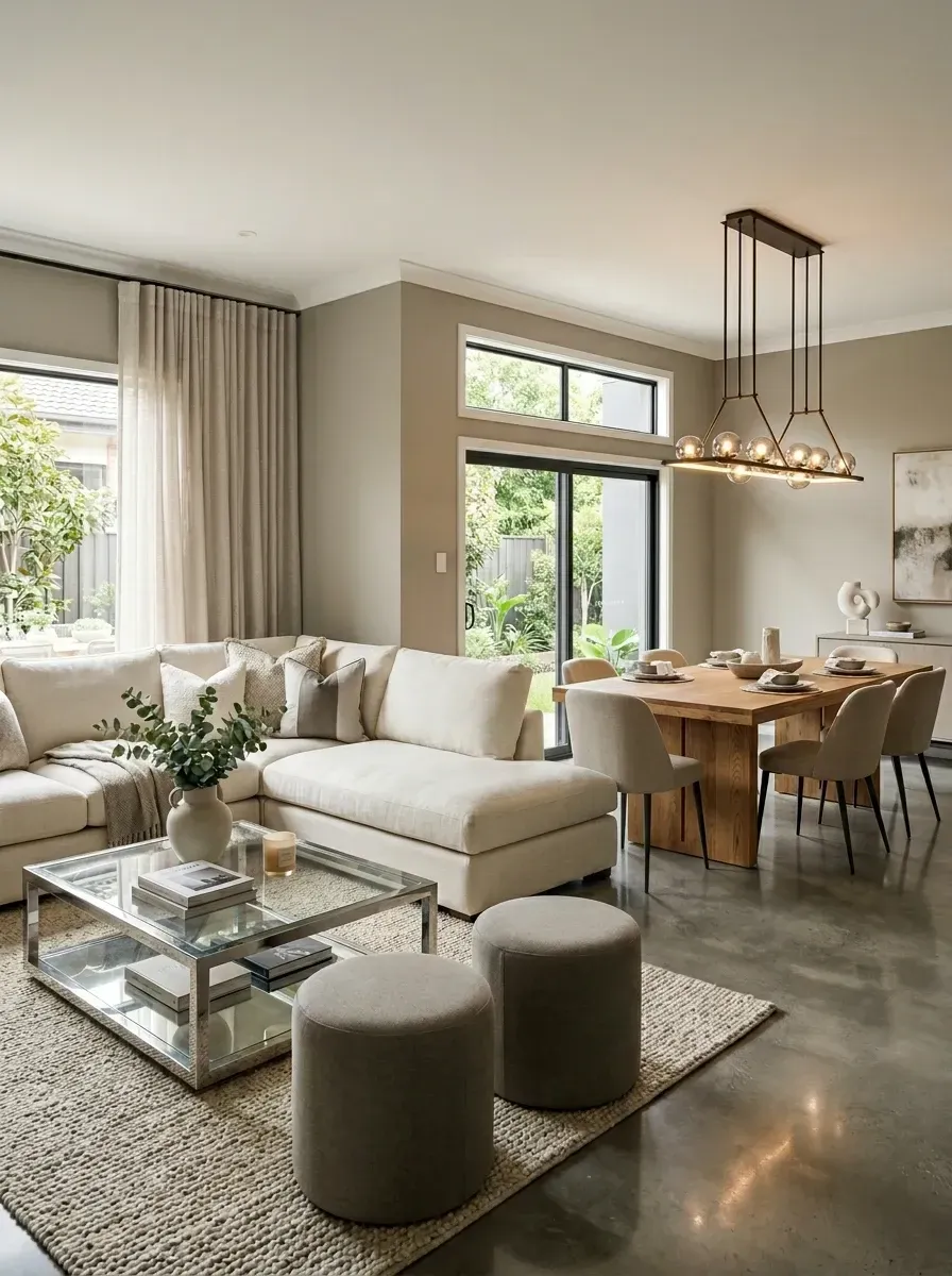 Modern open-plan living and dining room with polished concrete floors, cream sectional and timber dining table in a Mount Pleasant new build