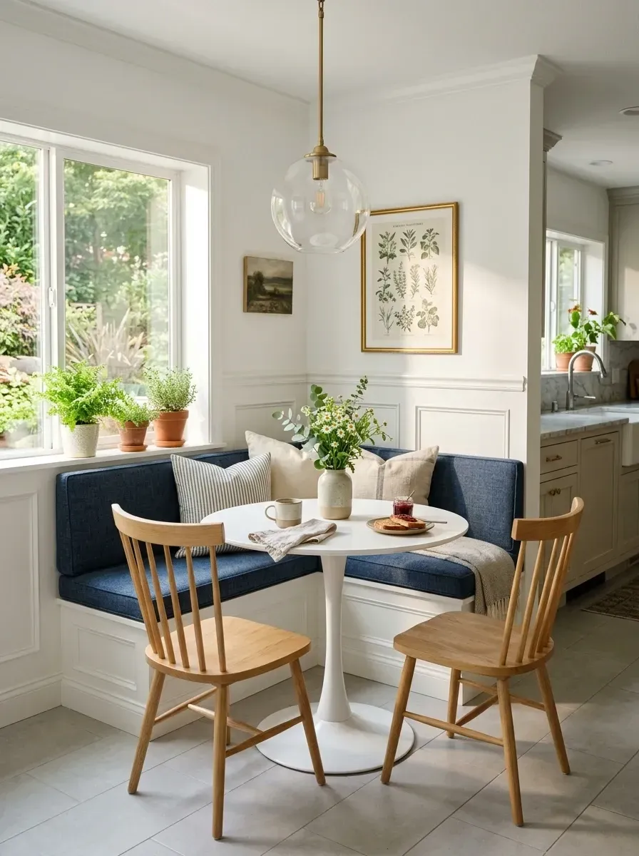 Cottage breakfast nook with built-in banquette in navy blue performance velvet, white wainscoting, round oak tulip table and brass globe pendant