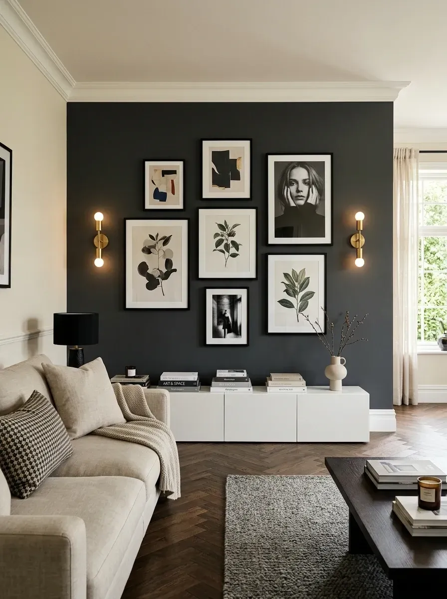 Moody dark charcoal lounge with curated gallery wall, herringbone walnut floors and brass sconces in a downtown Charleston single house