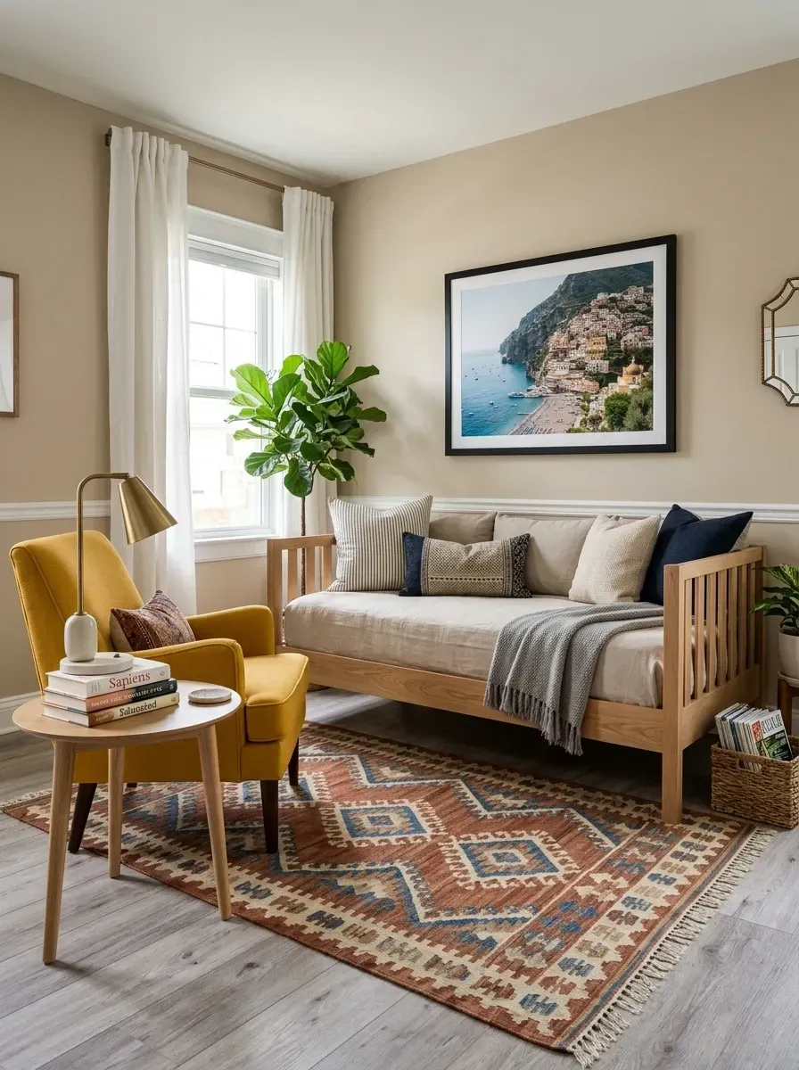 Boho-style reading corner with wooden daybed, mustard armchair, patterned vintage rug and fiddle leaf fig in a Sullivan's Island cottage