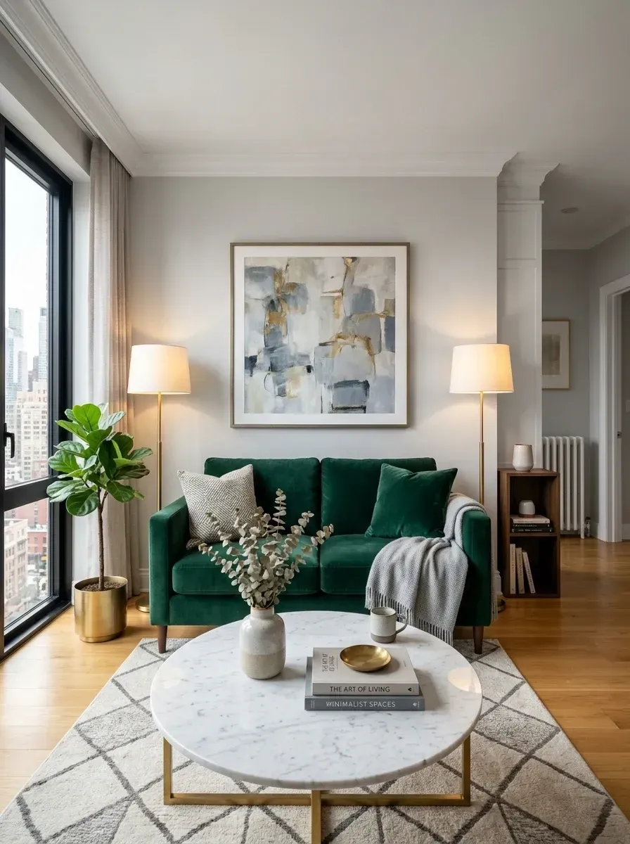 Mid-century modern Charleston condo living room with emerald green velvet sofa, marble coffee table, brass floor lamps and abstract art