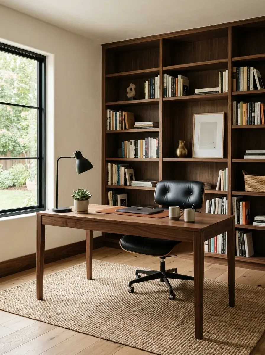 Mid-century modern home office with floor-to-ceiling walnut built-in shelves, minimalist desk, black leather Eames chair and jute rug