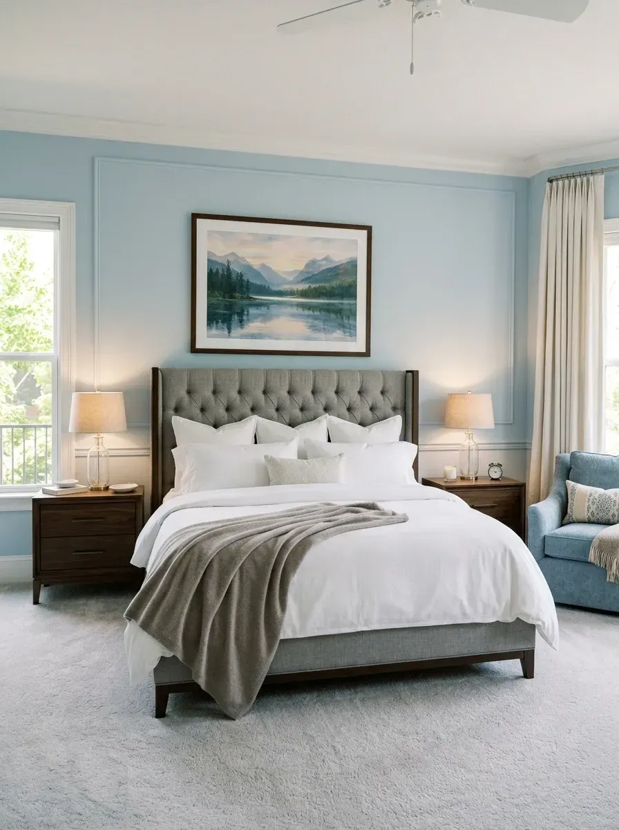 Sky-blue traditional Daniel Island primary bedroom with picture frame moulding, grey tufted upholstered bed and dark wood nightstands