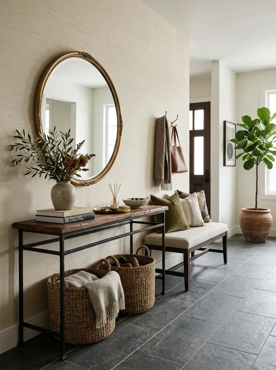 Charleston single house entryway with grasscloth wallpaper, large round aged brass mirror, reclaimed wood console and slate floor tiles