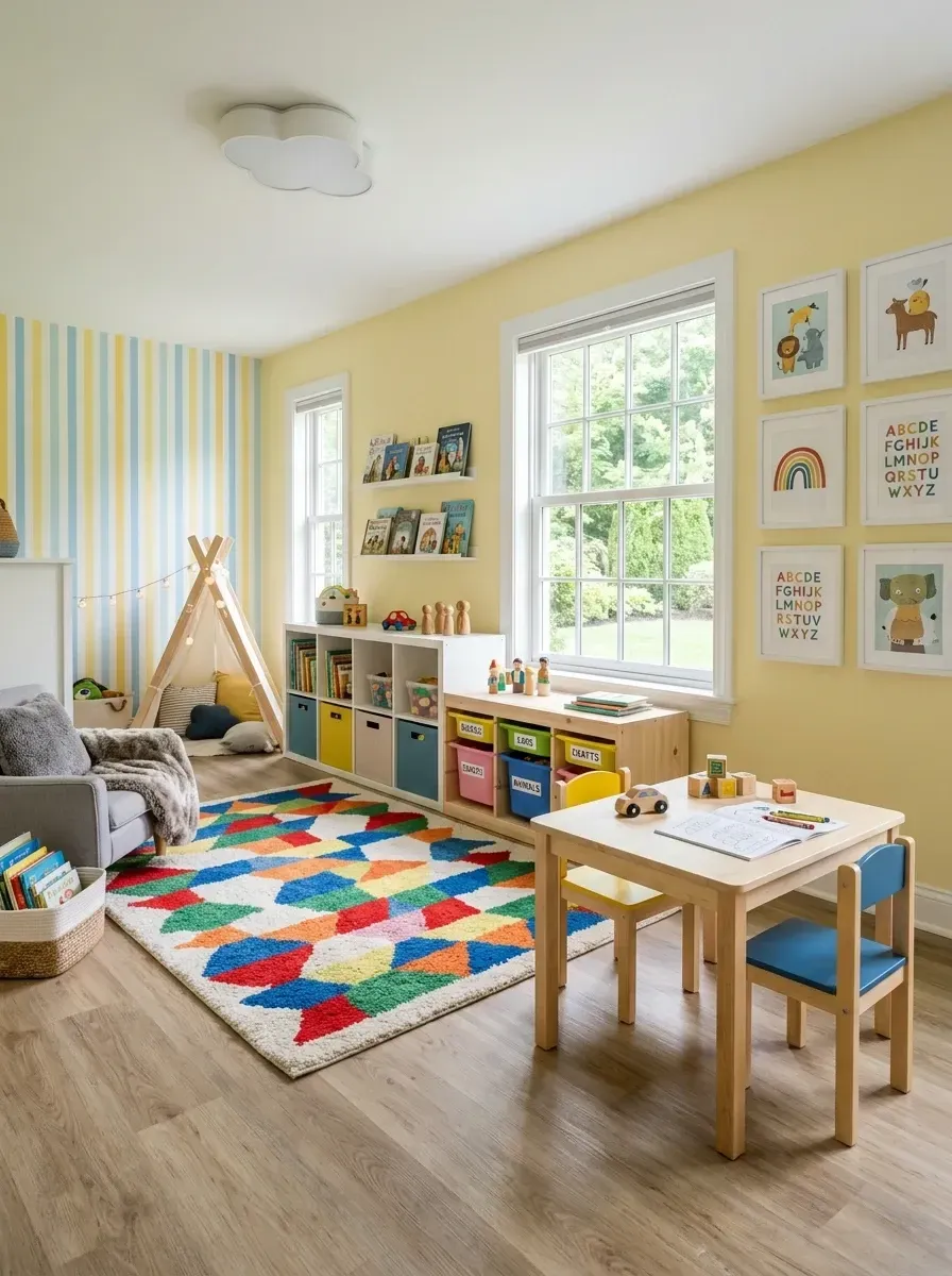 Cheerful kids' playroom with pale yellow walls, a striped accent wall, geometric rug, teepee reading nook and cube storage in a Mount Pleasant home