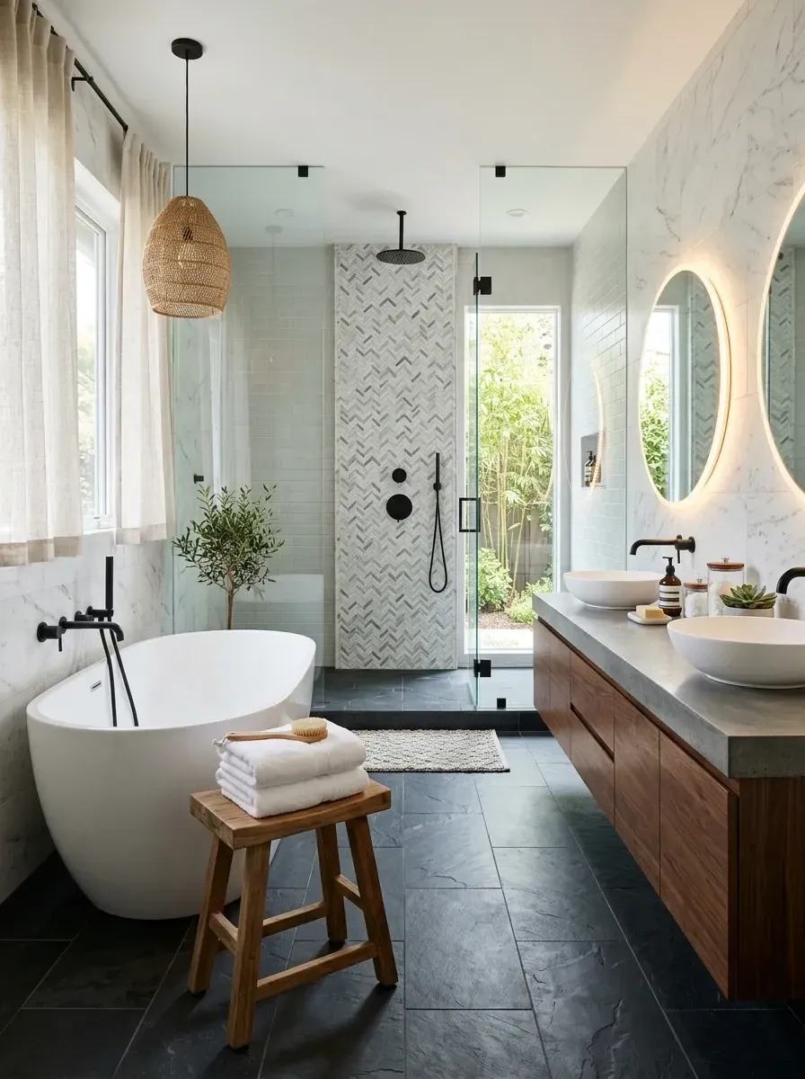 Modern organic spa bathroom at a Folly Beach house with freestanding tub, floating walnut vanity, concrete countertop and matte black fixtures
