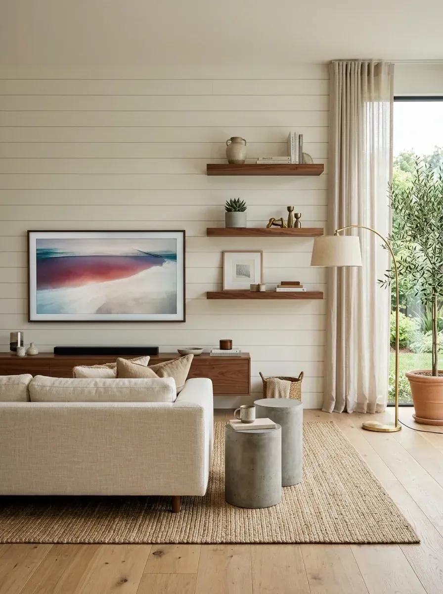 Scandinavian living room with cream sofa, walnut floating shelves, shiplap accent wall, brass arc lamp, and white oak floors