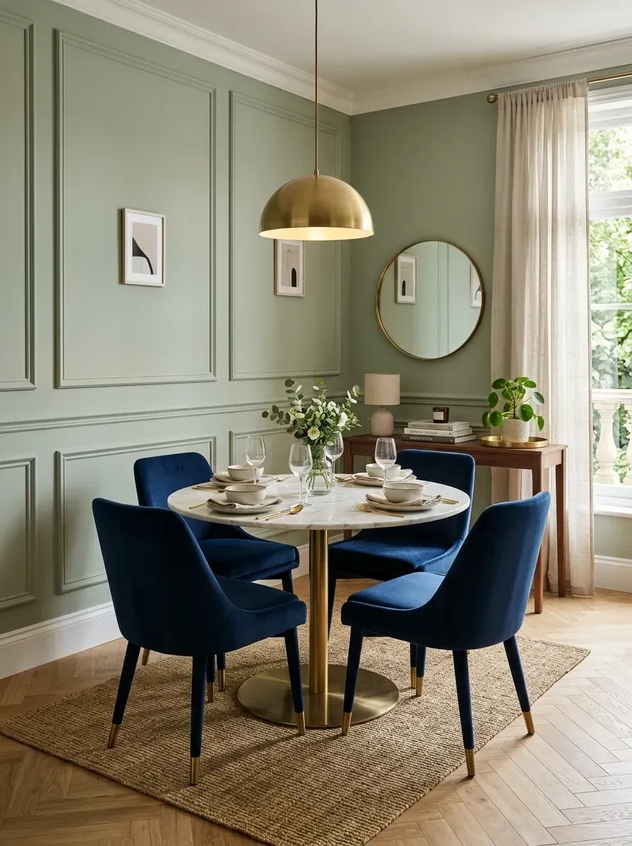 Sage green dining room with picture molding, round white marble table on brass pedestal, navy velvet chairs, and large brass dome pendant