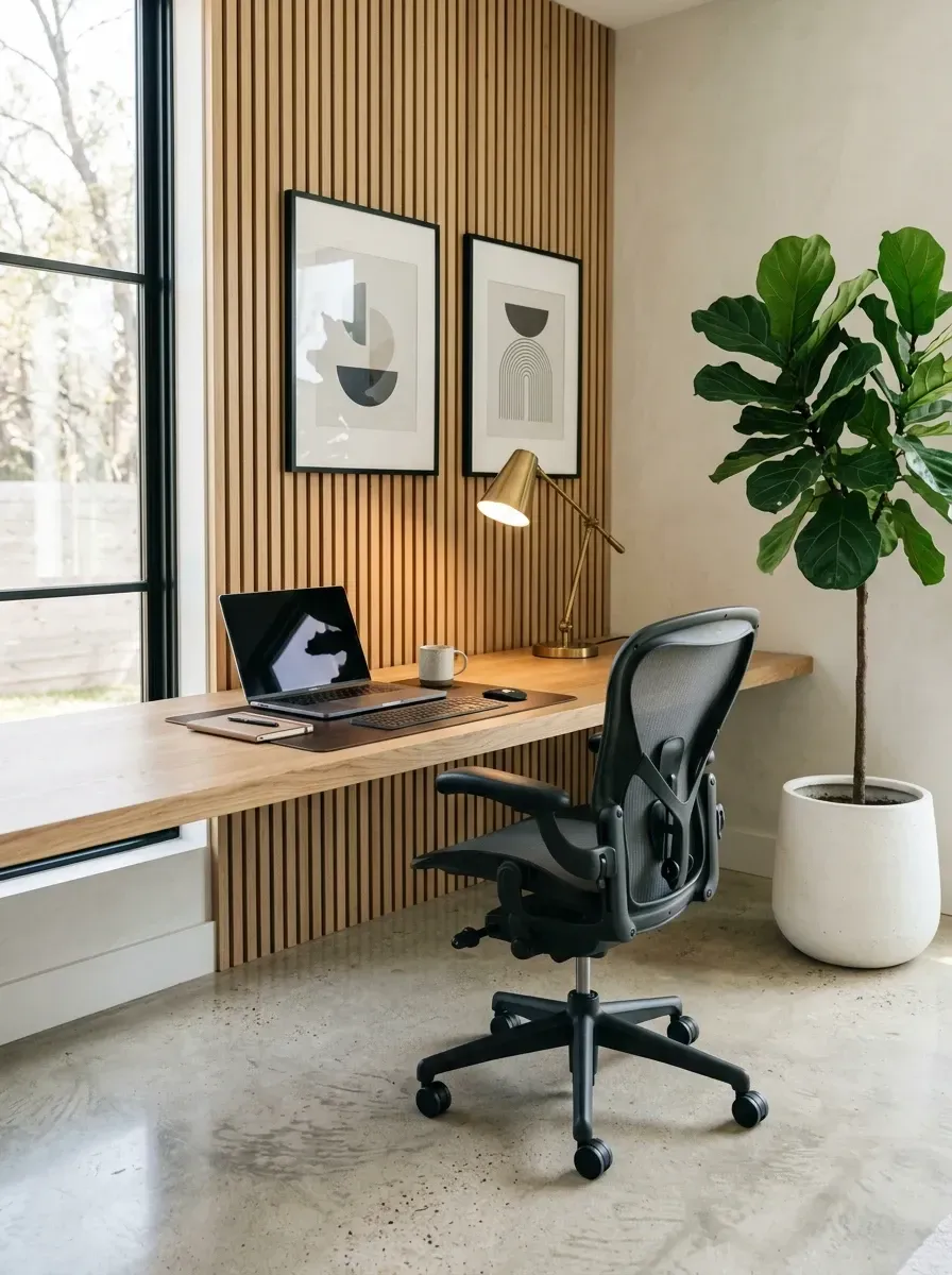 Minimalist home office with vertical wood slat wall, floating oak desk, ergonomic mesh chair, brass task lamp, and polished concrete floor