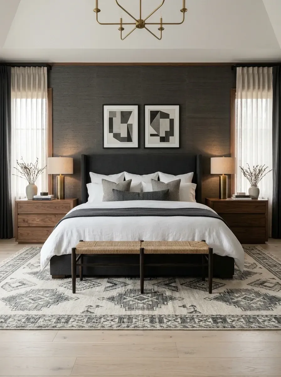 Moody bedroom with charcoal grasscloth accent wall, tall black upholstered bed, walnut nightstands, brass column lamps, and patterned rug