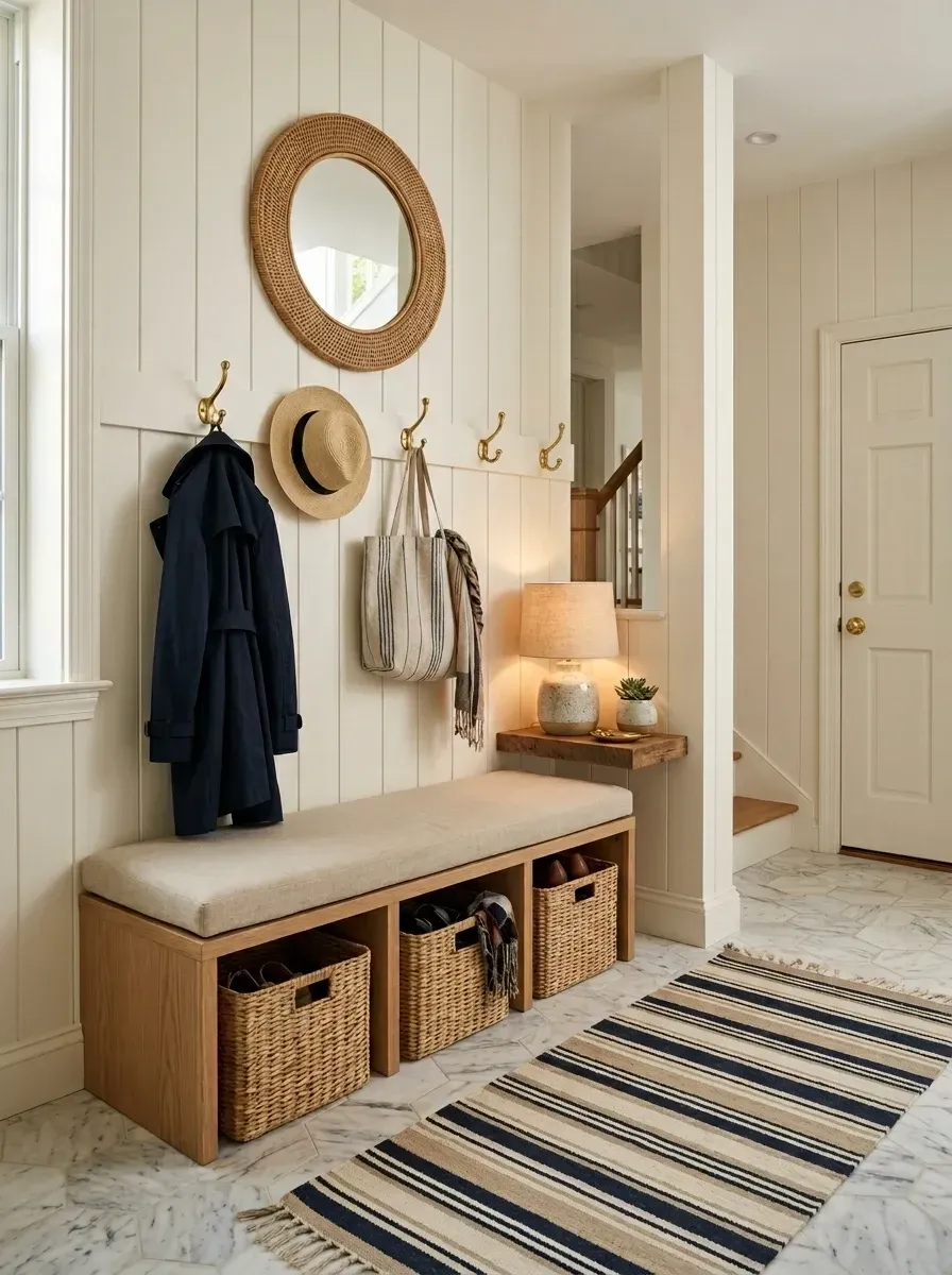 Coastal entryway with ivory board-and-batten wainscoting, oak storage bench, seagrass baskets, round rattan mirror, and brass wall hooks
