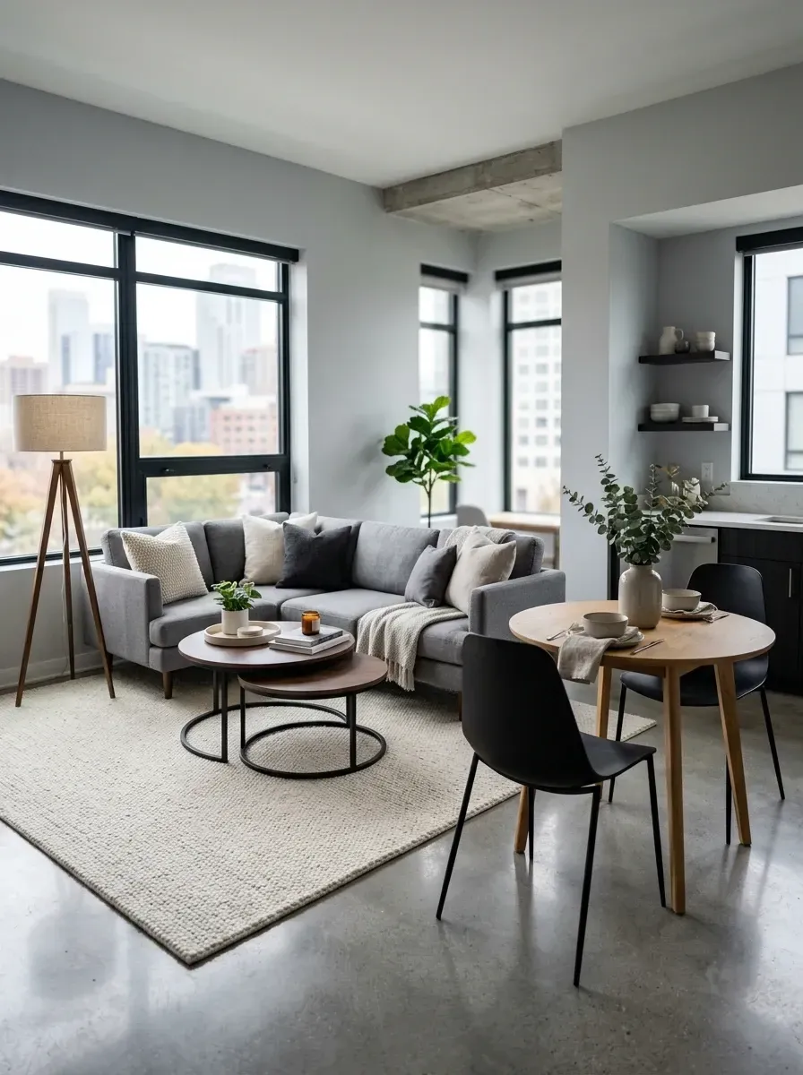 Urban studio apartment with dove-gray sectional, chunky wool rug, oak round dining table, black molded chairs, and exposed concrete floor