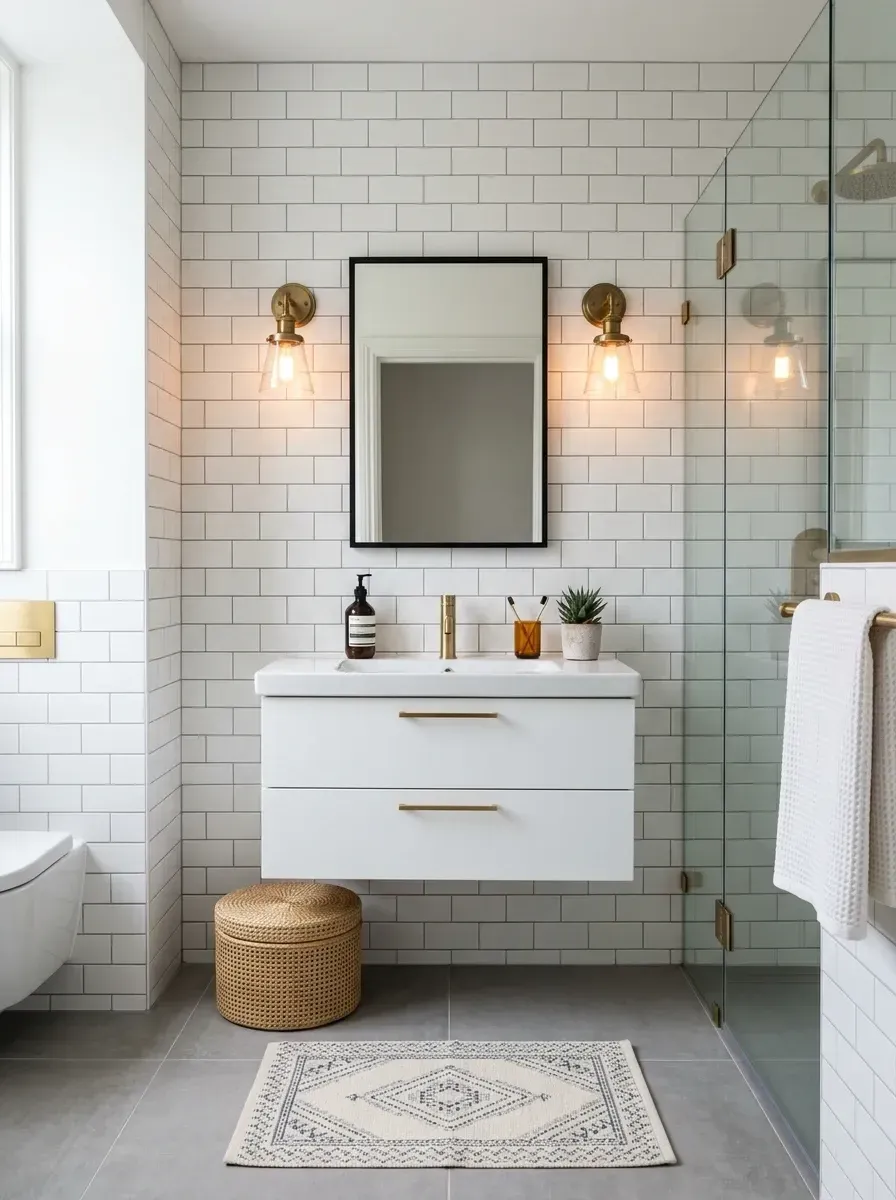 Classic bathroom with white subway tile, light gray grout, floating vanity, brass sconces, black-framed mirror, and frameless glass shower