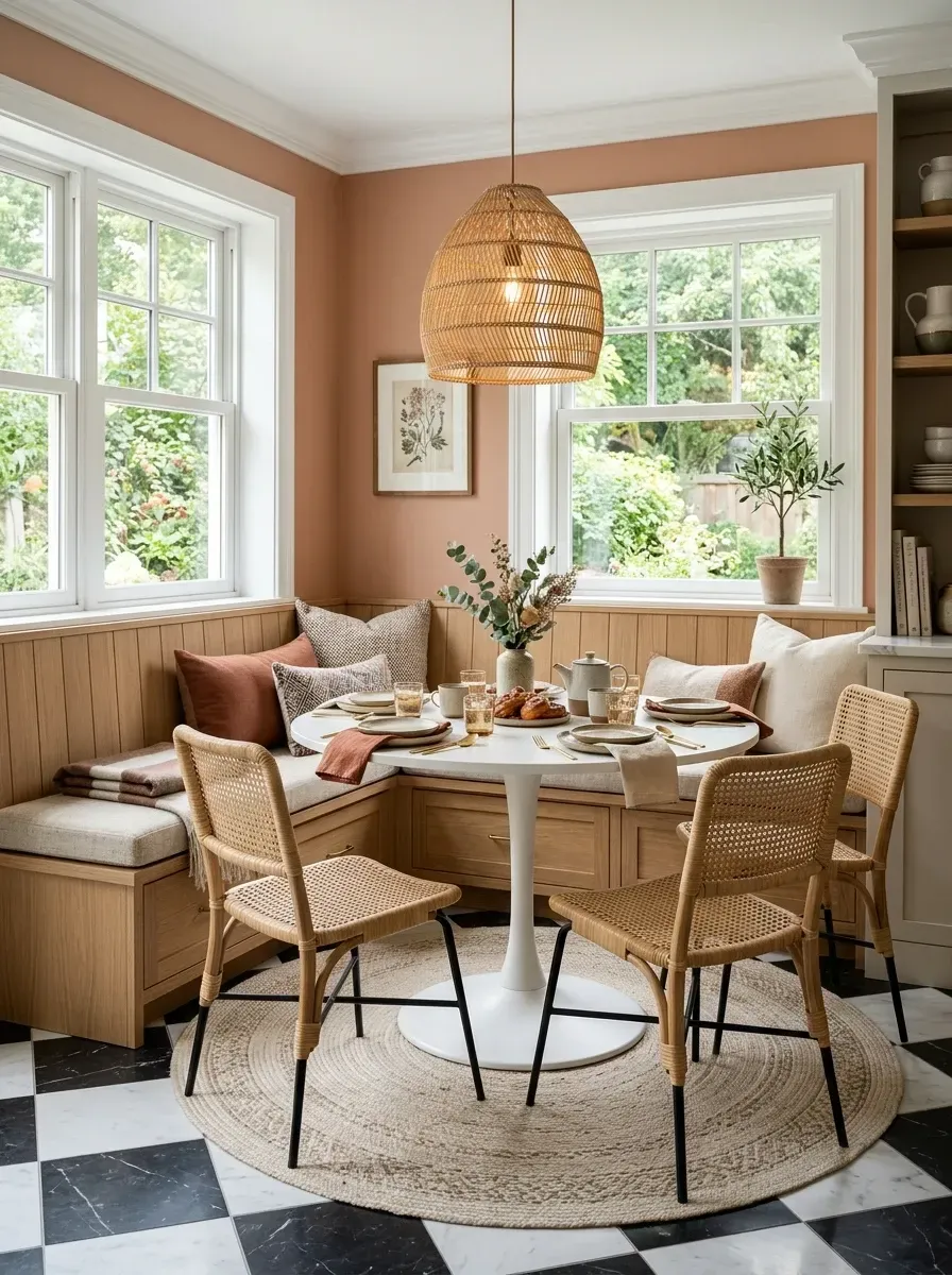 Breakfast nook with L-shaped banquette, terracotta walls, white tulip table, cane chairs, woven pendant, and marble checkerboard floor