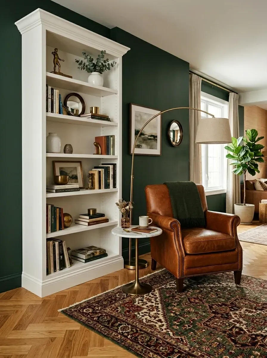 Reading nook with deep emerald walls, tall white built-in bookcase, cognac leather club chair, brass arc lamp, and Persian-style rug