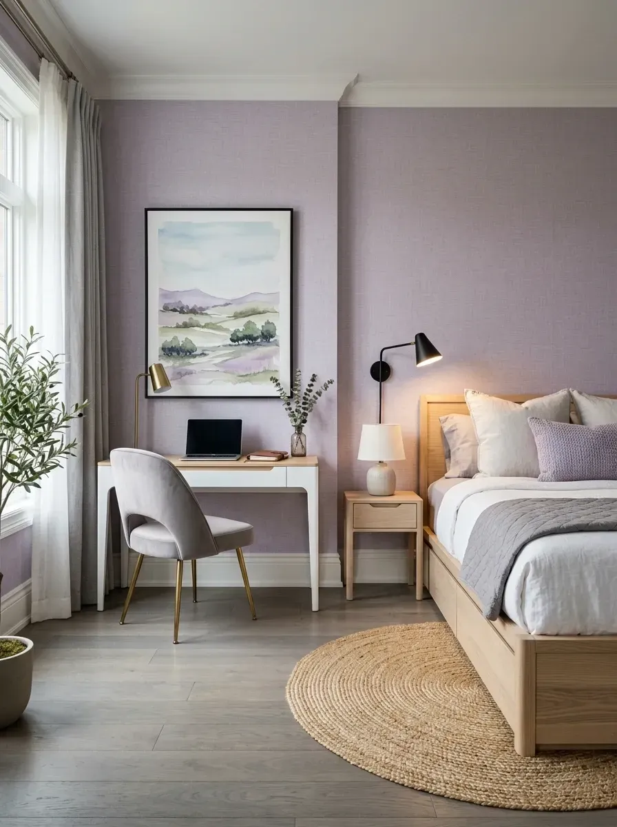 Lavender bedroom with light oak platform bed, gray velvet desk chair, small white desk, brass task lamp, and gray-washed oak floors