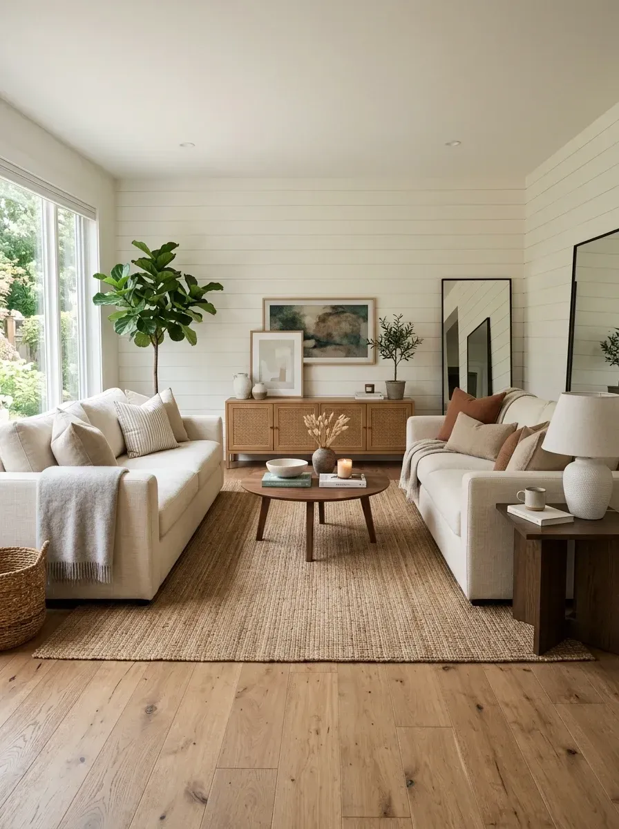 Layered neutral living room design with horizontal shiplap accent wall, mirrored linen sofas facing each other, walnut coffee table, cane media console, and a natural jute area rug in a Charleston-inspired sun-drenched room