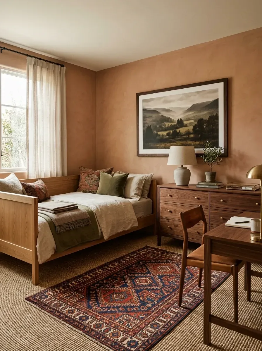 Multifunctional guest bedroom and home office with warm terracotta walls, wooden daybed, walnut desk and dresser, layered vintage wool rug over natural jute base, and brass desk and table lamps