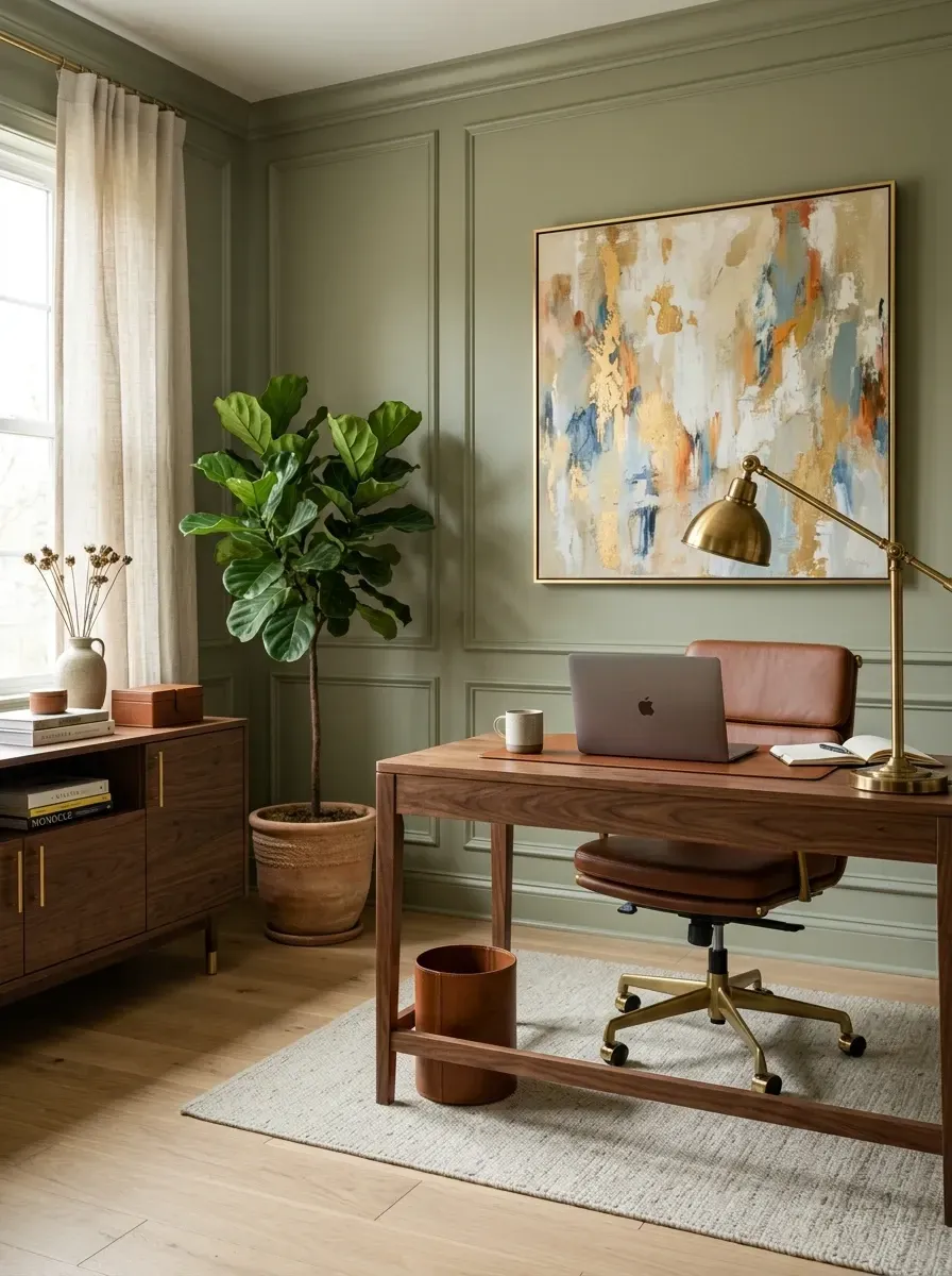 Tonal sage green home office with picture-frame wall molding painted in the same color, solid walnut writing desk, cognac leather executive chair, brass architect desk lamp, and oversized abstract art
