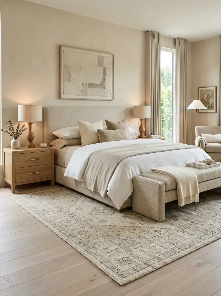 Restful neutral primary bedroom with upholstered king headboard in soft greige linen, symmetrical oak nightstands, vintage-style area rug over pale oak floors, and an upholstered bench at the foot of the bed