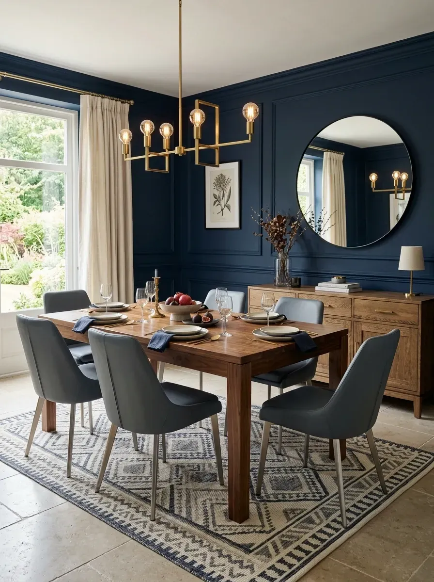 Dramatic deep navy dining room with wall and trim painted in a single jewel-box color, panel molding, solid walnut dining table, brass linear chandelier, round wall mirror, and upholstered dining chairs
