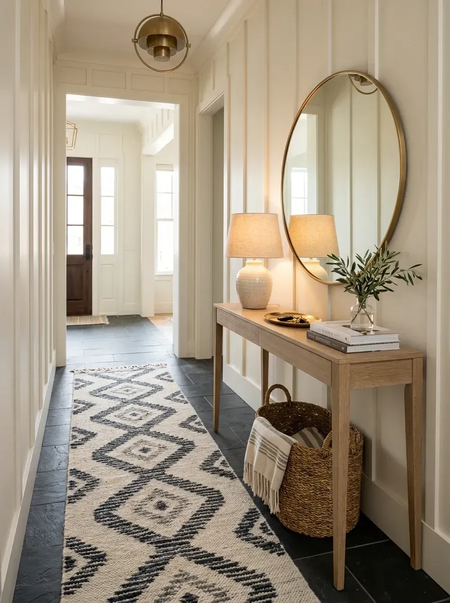 Bright welcoming entryway with vertical board-and-batten wainscoting, slim oak console table, oval brass mirror, graphic patterned runner rug, and a flush-mount brass pendant overhead