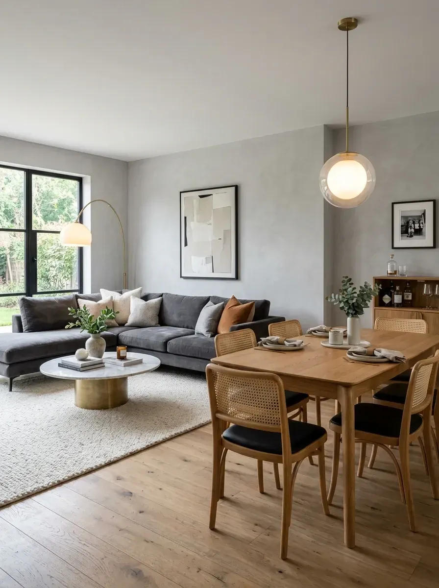 Open-concept living and dining area with charcoal L-shaped sectional, marble and brass coffee table, light oak dining table, cane-back dining chairs, glass globe pendant, and continuous blonde oak flooring