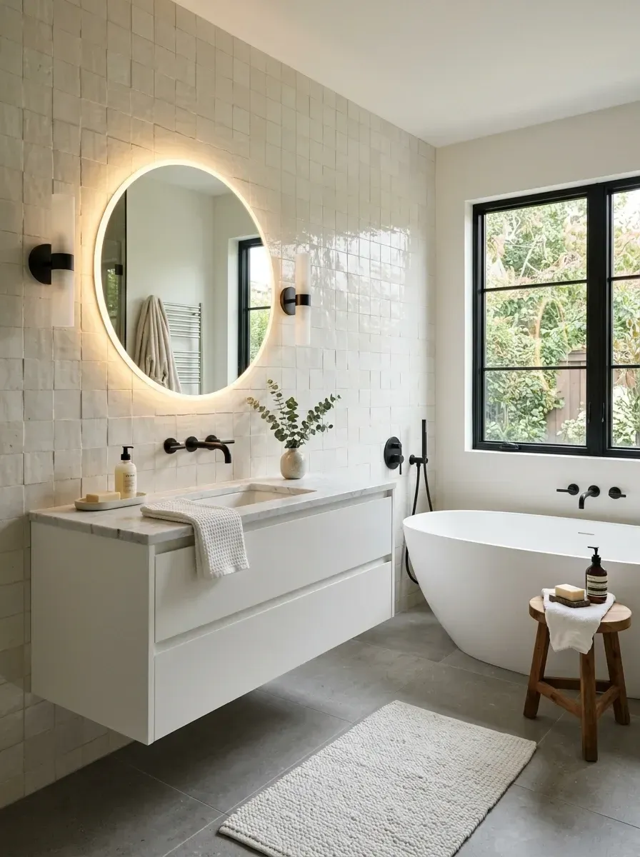 Modern spa-like bathroom with floating double vanity, backlit LED round mirror, freestanding soaking tub, handmade zellige tile wall, and matte black plumbing fixtures and window frame