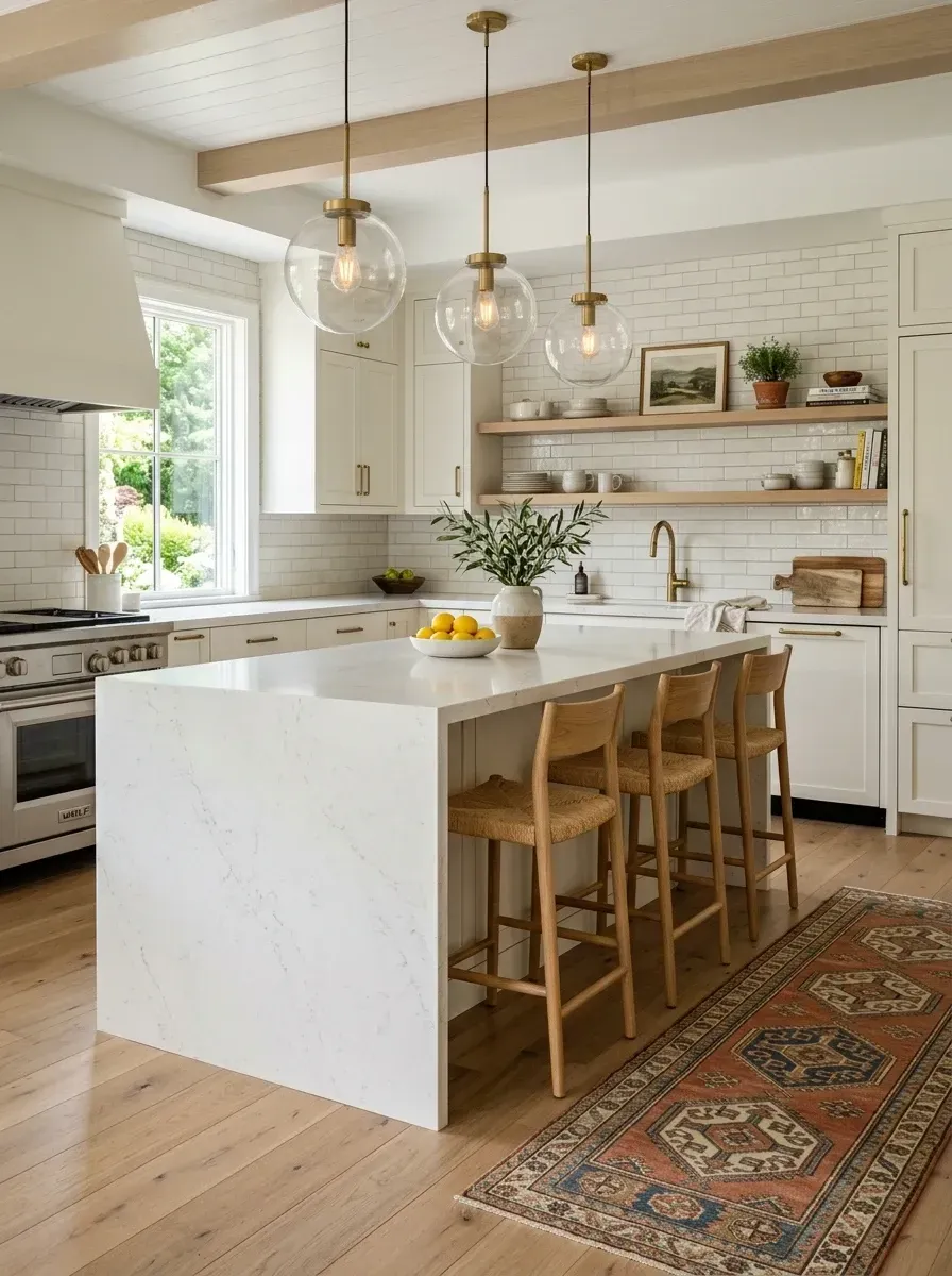 Modern farmhouse kitchen with waterfall quartz island, exposed oak ceiling beams, open oak shelving, white shaker cabinetry, glass globe pendants, and a vintage Persian runner over wide-plank oak floors