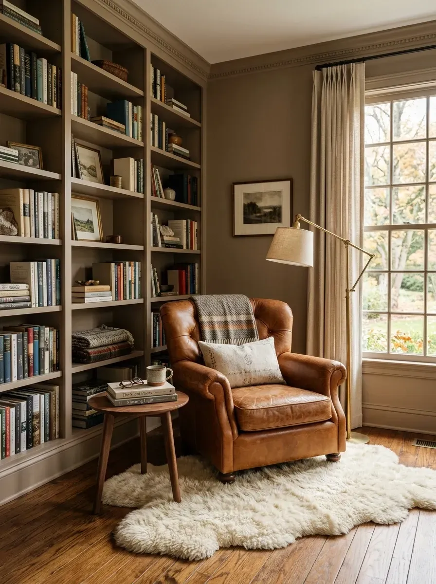 Cozy taupe-walled home library reading nook with floor-to-ceiling custom built-in bookshelves, cognac leather club chair, sheepskin area rug, brass articulating floor lamp, and crown molding detail