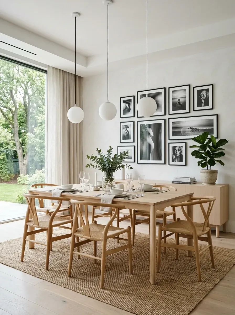 Scandi minimalist dining room with light oak table wishbone chairs jute rug and globe pendants