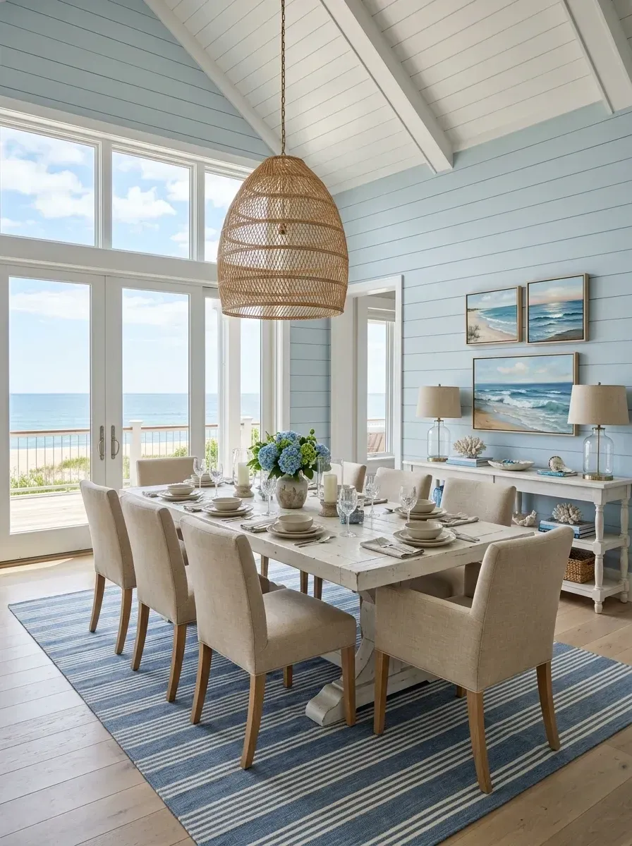 Coastal dining room with light blue shiplap walls woven pendant distressed white table and blue striped rug