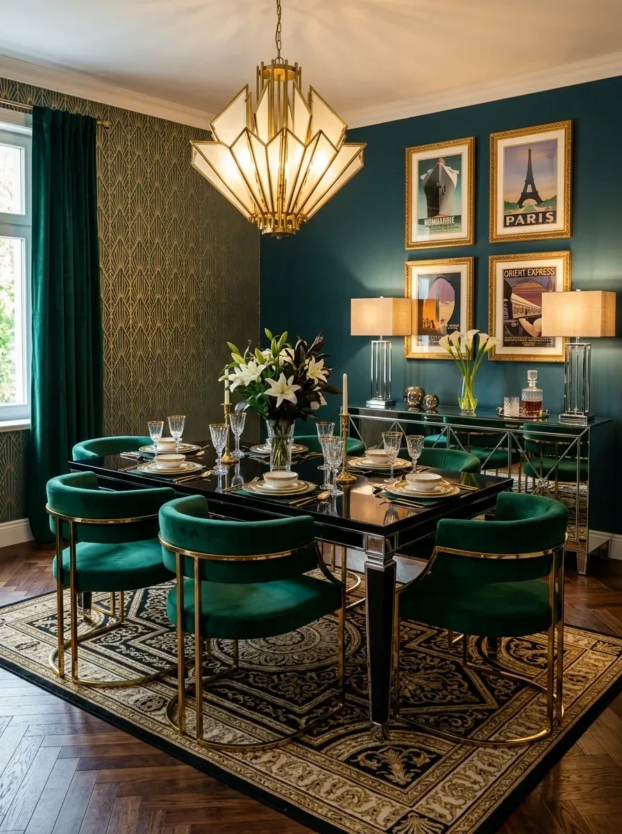 Art Deco dining room with deep teal walls gold chandelier emerald velvet chairs and mirrored buffet